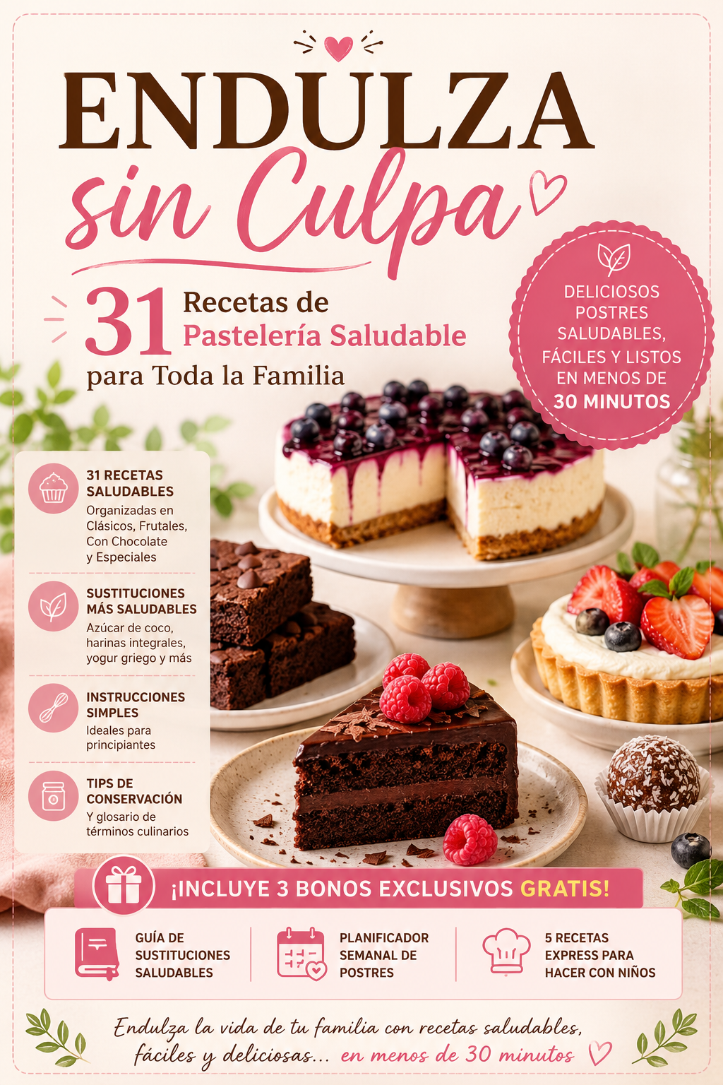 Endulza sin Culpa: 31 Recetas de Pastelería Saludable para Toda la Familia + 3 Bonos Imperdibles.-